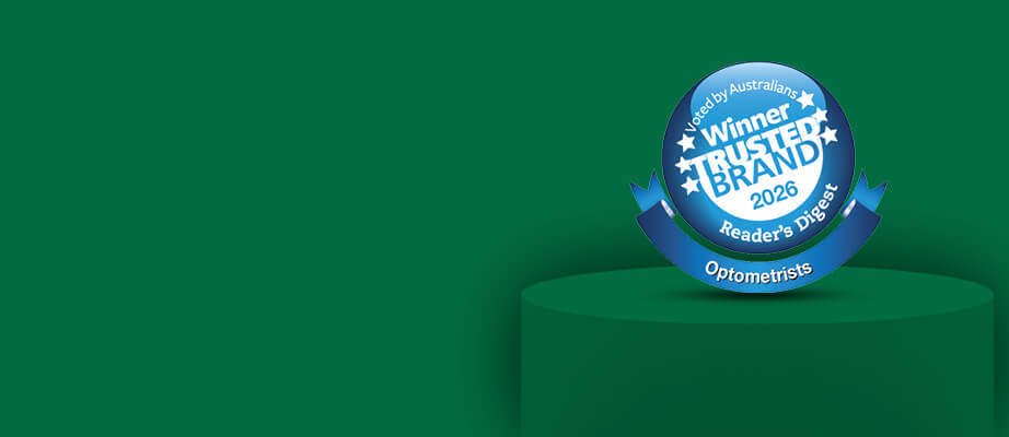 A gold-coloured Readers Digest Quality Service Award sits on top of a green podium with the words '2026 - Voted by Australians - Winner' running along the edge of the award and 'Optometrist' on the ribbon below.