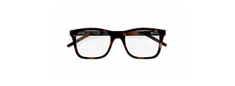 A pair of rectangle-shaped tortoise shell Hugo Boss eyeglasses frames with clear lenses and red accents, viewed from the front against a white background.
