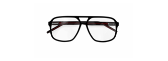 A pair of black Hugo Boss aviator eyeglasses frames with clear lenses and red accents, viewed from the front against a white background.