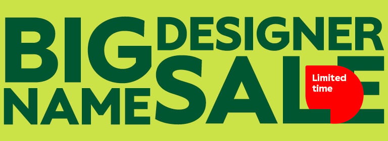 Lime green banner with 'Big Name Designer Sale' written in dark green, with tortoise shell rectangle-shaped Hugo Boss glasses frames below and a red raindrop with 'Limited time' written inside.