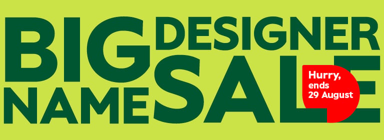 Lime green banner with 'Big Name Designer Sale' written in dark green, with tortoise shell rectangle-shaped Hugo Boss glasses frames below and a red raindrop with 'Limited time' written inside.