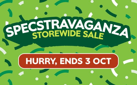 Green banner with white and yellow text reading 'SPECSTRAVAGANZA STOREWIDE SALE', with confetti graphics in the background.