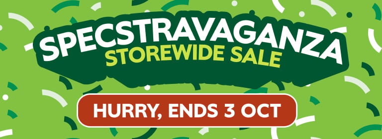 Green banner with white and yellow text reading 'SPECSTRAVAGANZA STOREWIDE SALE', with confetti graphics in the background.