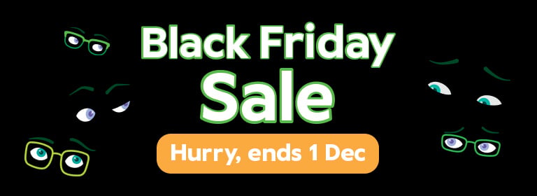 Text reads Black Friday Sale Limited time only in white and green surrounded by cartoon eyeglasses with eyes on a black background.