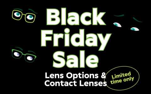 Text reads Black Friday Sale Limited time only in white and green surrounded by cartoon eyeglasses with eyes on a black background.
