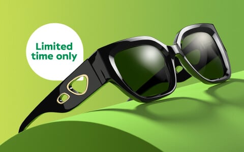 Black sunglasses with gold accents rest on a green surface, with a white circle reading “Limited time only” in green text on a yellow-green gradient background.