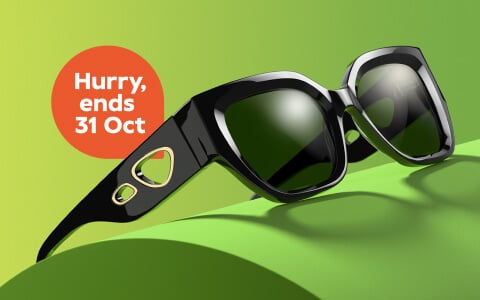 Black sunglasses with gold accents rest on a green surface, with a white circle reading “Limited time only” in green text on a yellow-green gradient background.