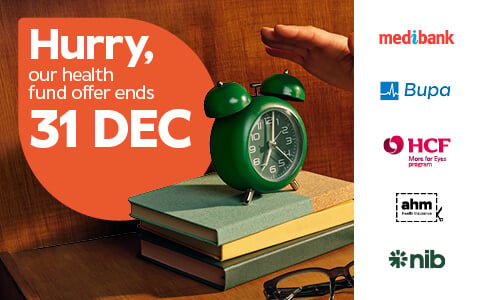 A hand stops a green alarm clock on a stack of books, next to text offering 30% off all lens options with all health funds and featuring various health fund logos.